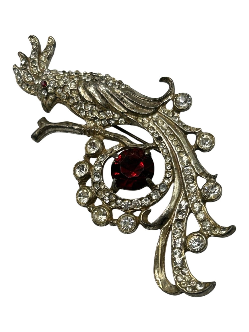 Art Deco Cockatoo Pave’ Rhinestone Bird on Branch Brooch